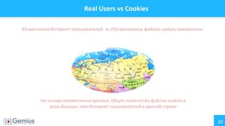 20
Real Users vs Cookies
64 миллиона Интернет-пользователей vs 250 миллионов файлов cookies ежемесячно
На основе ежемесячных данных, общее количество файлов cookies в
разы больше, чем Интернет-пользователей в данной стране
 