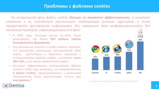 9
Проблемы с файлами cookies
На сегодняшний день файлы cookies больше не являются эффективными, и вызывают
сомнения в их способности распознавать необходимую целевую аудиторию, а также
предоставлять достоверную информацию, без нарушения прав конфиденциальности. Вот
несколько примеров, подтверждающих этот факт:
• В 2012 году, исследуя рынок он-лайн, было
установлено, что более 50% файлов cookies
блокировались браузерами
• Ряд рекламных агентств и сетей открыто заявляют,
что количество уникальных пользователей (Real
Users), достигнутых в таргетинге кампании с
использованием файлов cookies, составляет всего
30%-35% ,и это число стремительно падает.
• Исследуя эффективность использования файлов
cookies в 2012 году, оказалось, что приблизительно
4 файла cookies, предназначенные 1 реальному
пользователю, были идентичными, то-есть они
повторялись.*
32%
37% 38%
51%
80%
Chrome IE Firefox Safari iOS
*Исследования: источник Google Analytics, Forrester Research , сентябрь, 2013 год
 