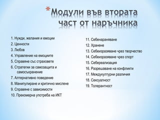 1. Нужди, желания и емоции           11. Себенараняване
2. Ценности                          12. Хранене
3. Любов                             13. Себеизразяване чрез творчество
4. Управление на емоциите            14. Себеизразяване чрез спорт
5. Справяне със страховете           15. Себереализация
6. Стратегии за самозащита и         16. Разрешаване на конфликти
    самосъхранение
                                     17. Междукултурни различия
7. Алтернативно поведение
                                     18. Сексуалност
8. Манипулиране и критично мислене
                                     19. Толерантност
9. Справяне с зависимости
10. Прекомерна употреба на ИКТ
 
