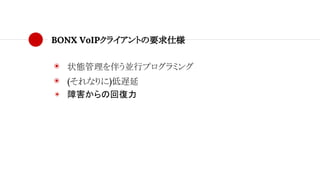 BONX VoIPクライアントの要求仕様
◉ 状態管理を伴う並行プログラミング
◉ (それなりに)低遅延
◉ 障害からの回復力
 