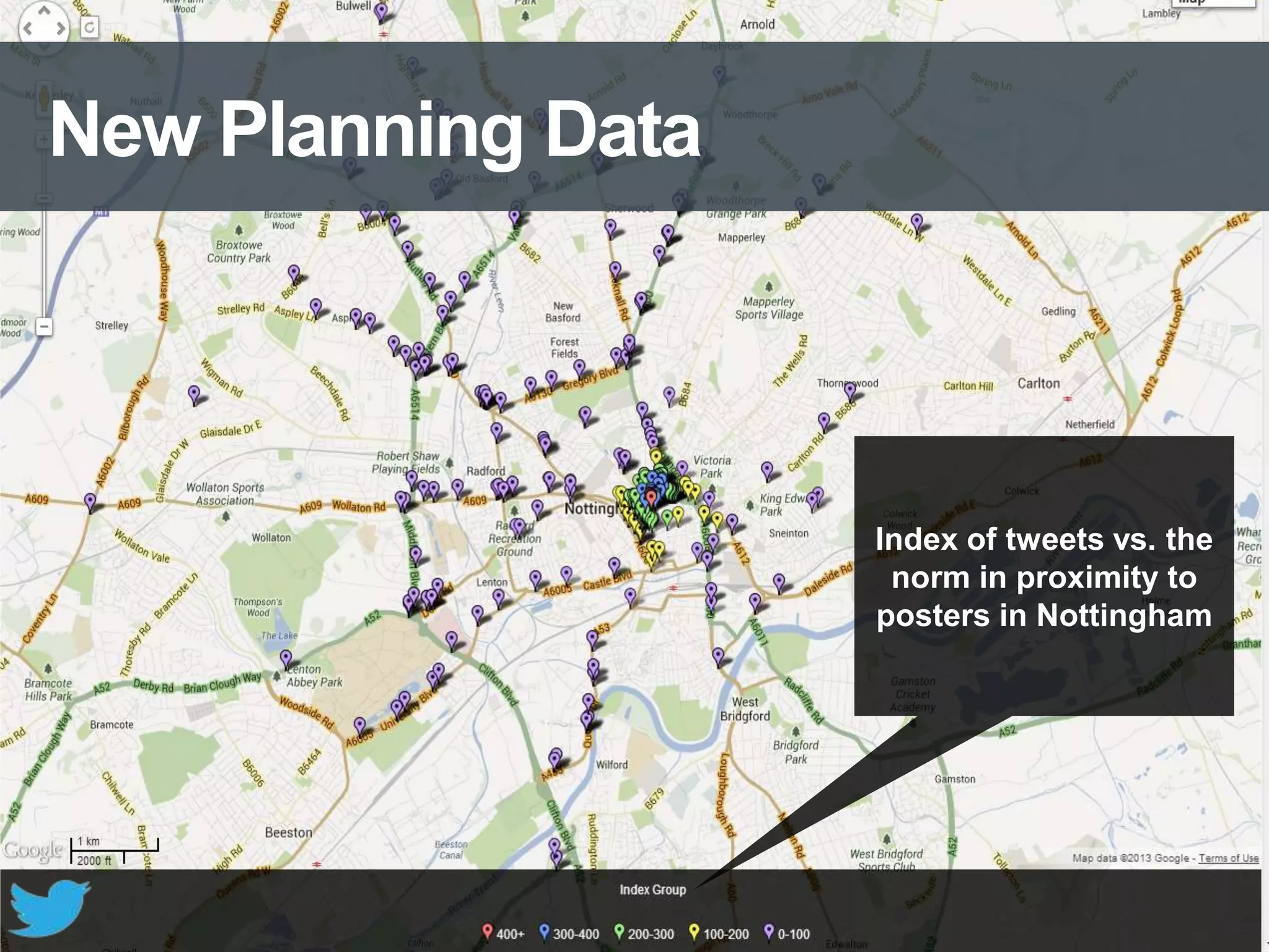 Index of tweets vs. the
norm in proximity to
posters in Nottingham
New Planning Data
 