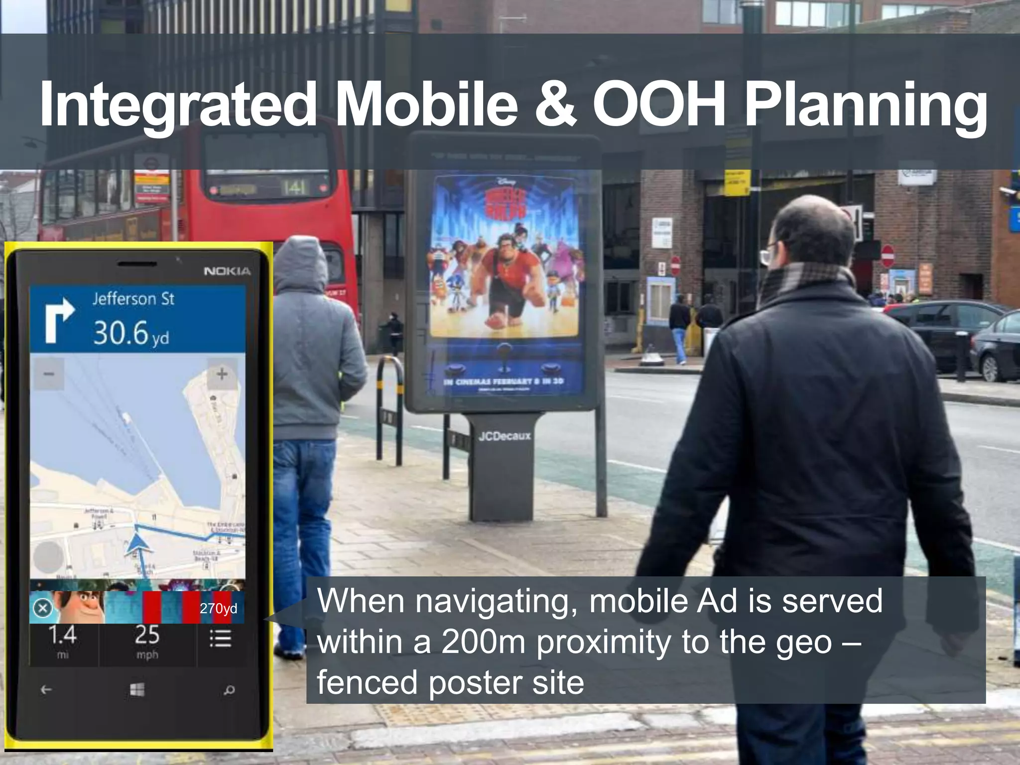 270yd When navigating, mobile Ad is served
within a 200m proximity to the geo –
fenced poster site
Integrated Mobile & OOH Planning
 