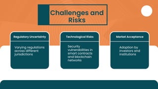 Varying regulations
across different
jurisdictions
Challenges and
Risks
Regulatory Uncertainty Technological Risks Market Acceptance
Security
vulnerabilities in
smart contracts
and blockchain
networks
Adoption by
investors and
institutions
 