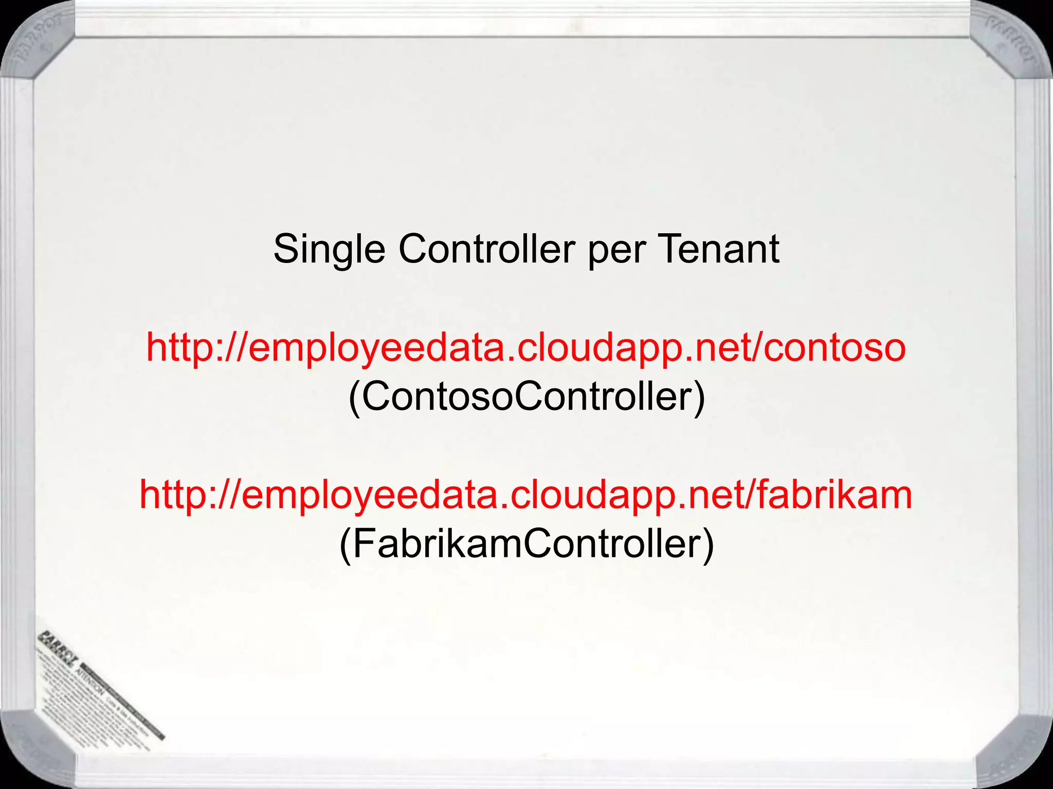 Using the Cloud for Multi TenancyDatabaseBrowserCustomer #1Customer #1DatabaseWeb TierB/L TierBrowserCustomer #2Customer #2DatabaseBrowserCustomer #3Customer #3Option 2:  Give Each Customer Their Own Database/SchemaPros:  Flexible.  Tenant restore is easier.  High Isolation.Cons:  Can be costly.  Difficult to upgrade db schemas.