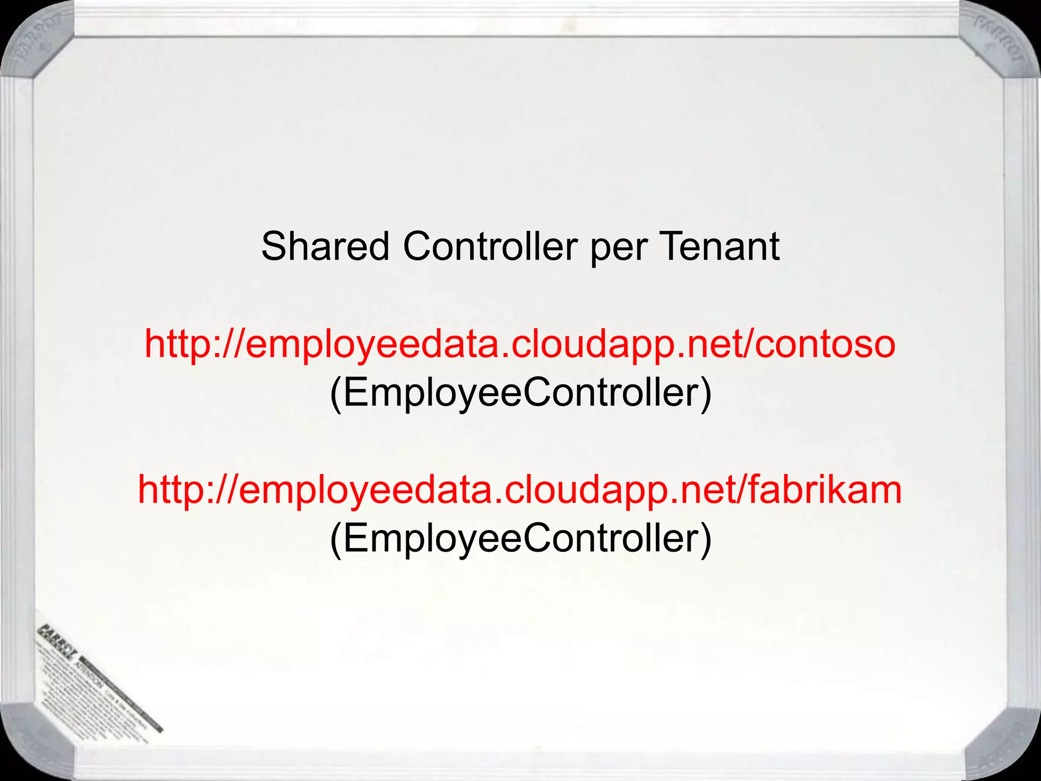 Using the Cloud for Multi TenancyFixed Schemawith CustomizationsBrowserCustomer #1DatabaseWeb TierB/L TierBrowserCustomer #2BrowserOption 3:  Fixed Database/Schema, with customizationsCustomer #3Pros:  Customers can add their own custom fieldsCons:  Non standard way of customizing the schema.  Tenant restore is difficult.