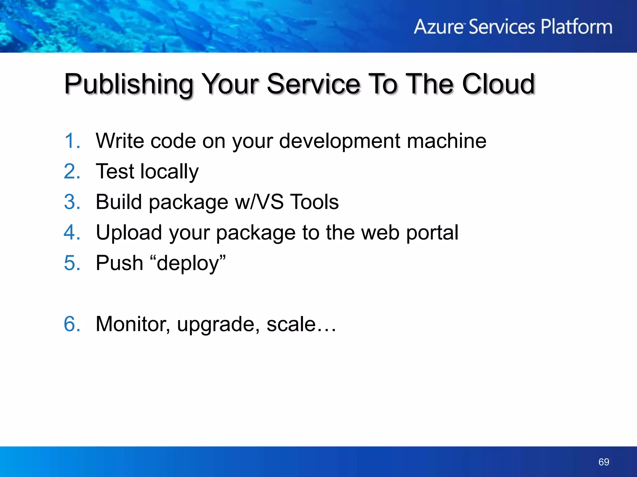 Visual StudioTemplatesDebugging.NET platform.NET, IIS7, WCF“The cloud on your desktop”Complete offline cloud simulationLike Cassini (web development server)Consistent, Familiar Development