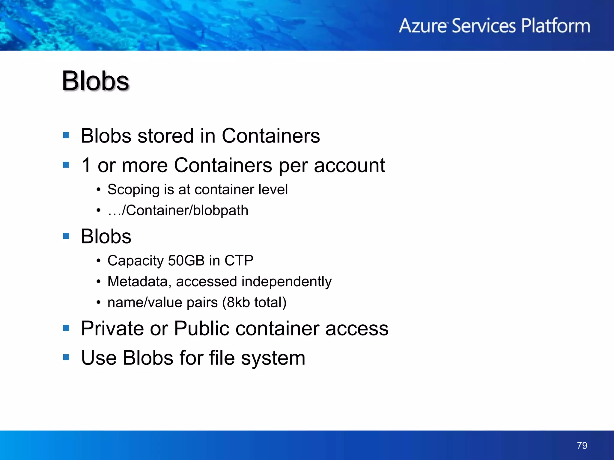 Service Models & RolesBid Now ServiceWorker XWeb A(port 80)Main Web100 instancesImage Resize2 instancesWorker YAuction Processing25 instancesWeb B (port 8081)Admin2 instancesWorker ZNotifications10 instances