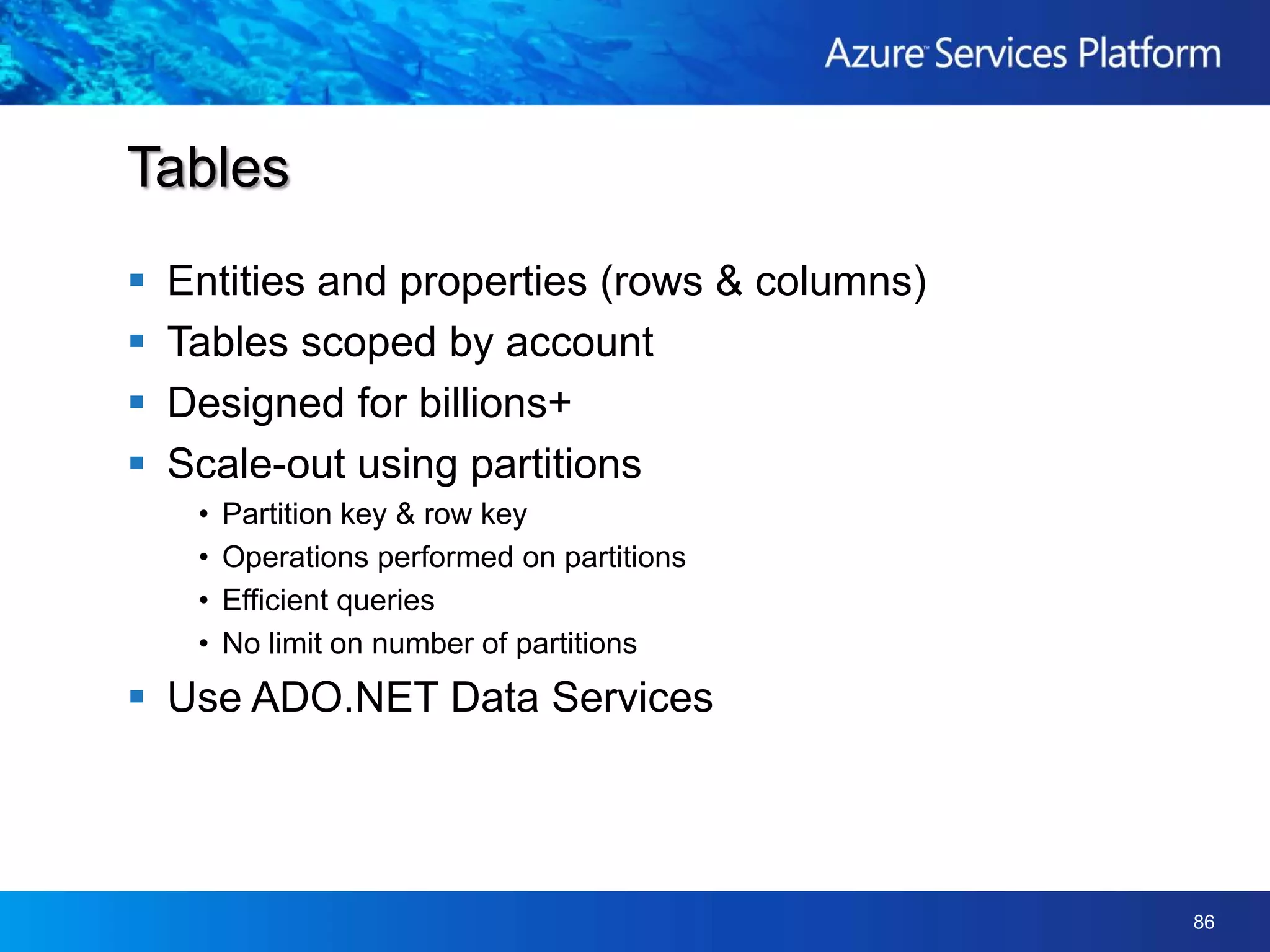 Using the Cloud for StorageBlob ContainerPutBlobPUT http://account.blob.core.windows./net/containername/blobnameAzure Blob StorageREST APIClienthttp://account.blob.core.windows.net/containername/blobnamePutBlob = 64Mb MAXMetaData = 8Kb per Blob