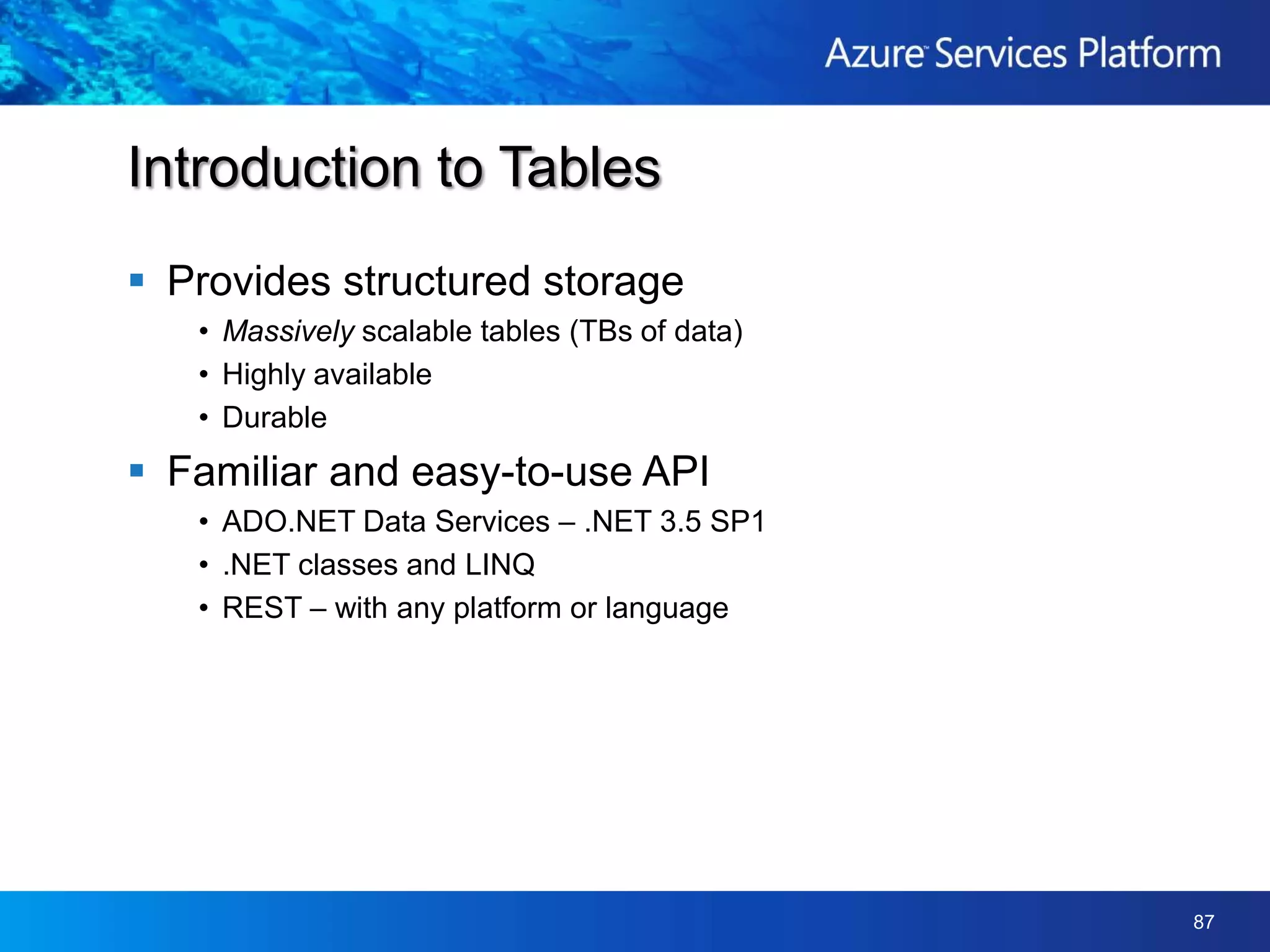 Using the Cloud for StorageBlob ContainerAzure Blob StorageREST APIClientGetBlobGET http://account.blob.core.windows./net/containername/blobnamehttp://account.blob.core.windows.net/containername/blobname