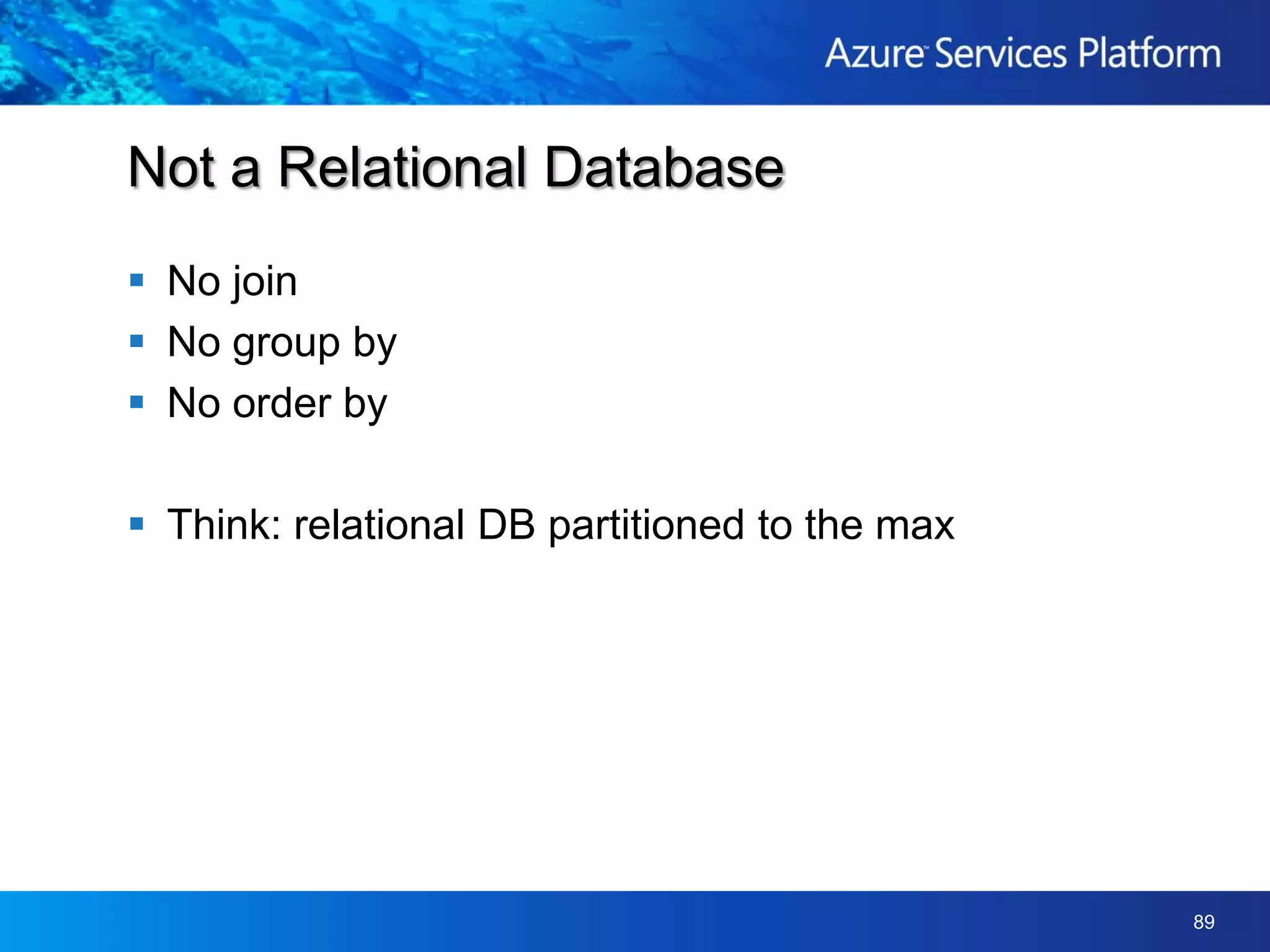 Using the Cloud for StorageBlob ContainerPutBlock(blobname, blockid, data)PutBlockList(blobname, blockid1, …, blockidN)Azure Blob StorageREST APIClienthttp://account.blob.core.windows.net/containername/blobnamePutBlock = 4Mb MAX to a maximum of 50GbBlockId = 64 bytes