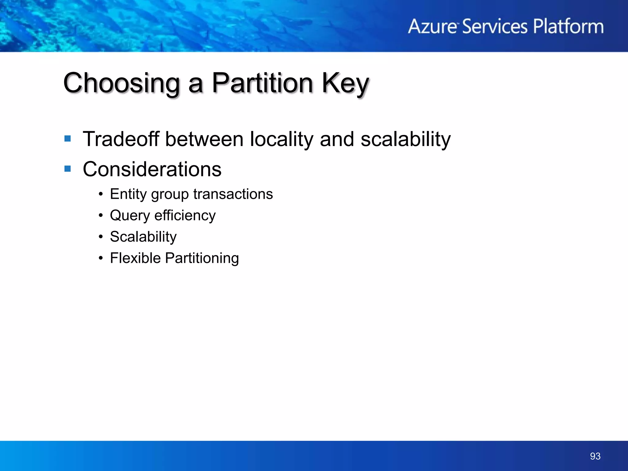 Provides structured storageMassively scalable tables (TBs of data)Highly availableDurableFamiliar and easy-to-use APIADO.NET Data Services – .NET 3.5 SP1.NET classes and LINQREST – with any platform or languageIntroduction to Tables