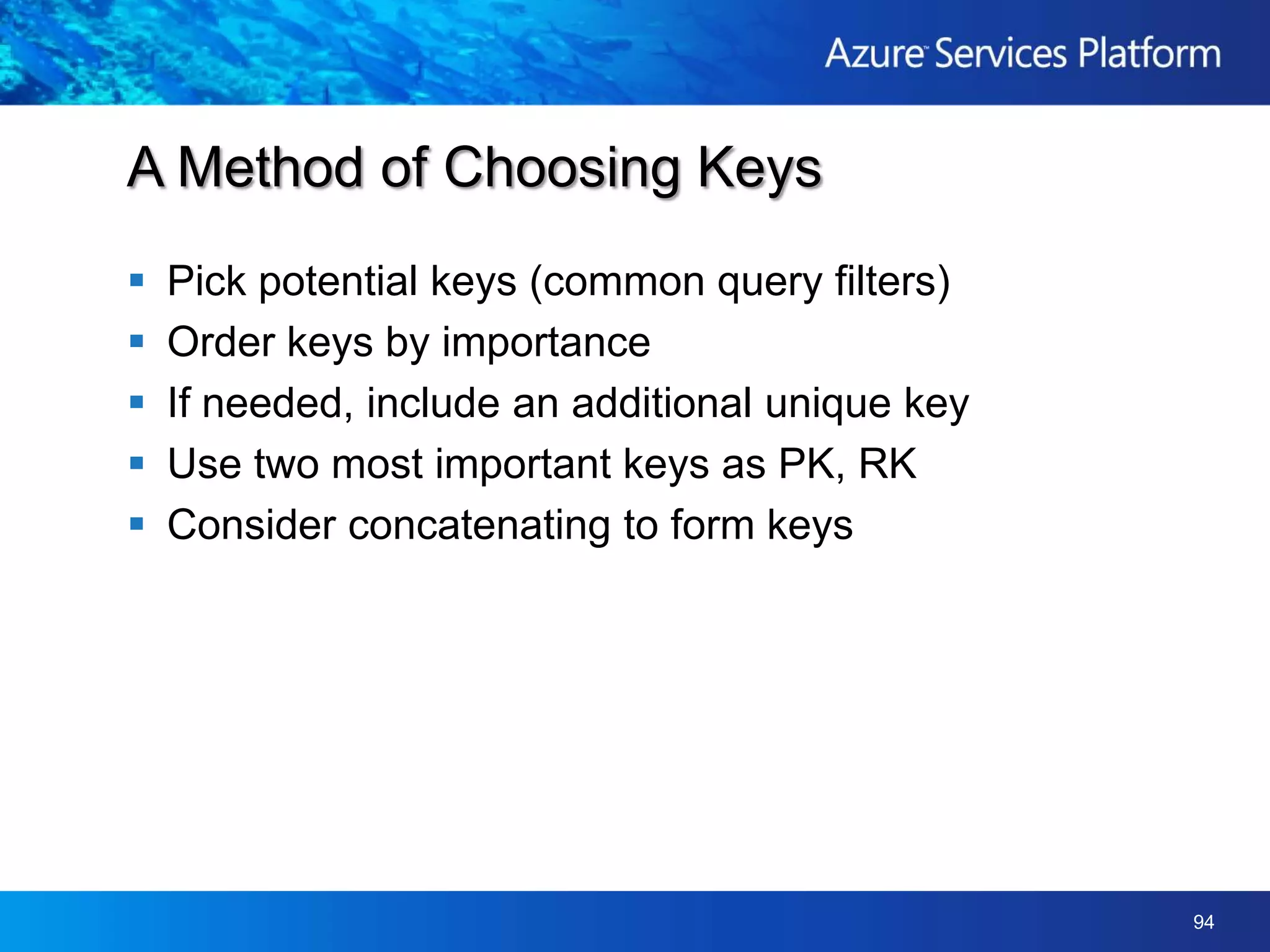 For scalable applications:Billions of rows, TBs of dataAutomatic load management (hot data)For online applications:High availabilityBuilt-in replicationFlexible schema (no big “schema migration”)Optimistic concurrencyAdvantages