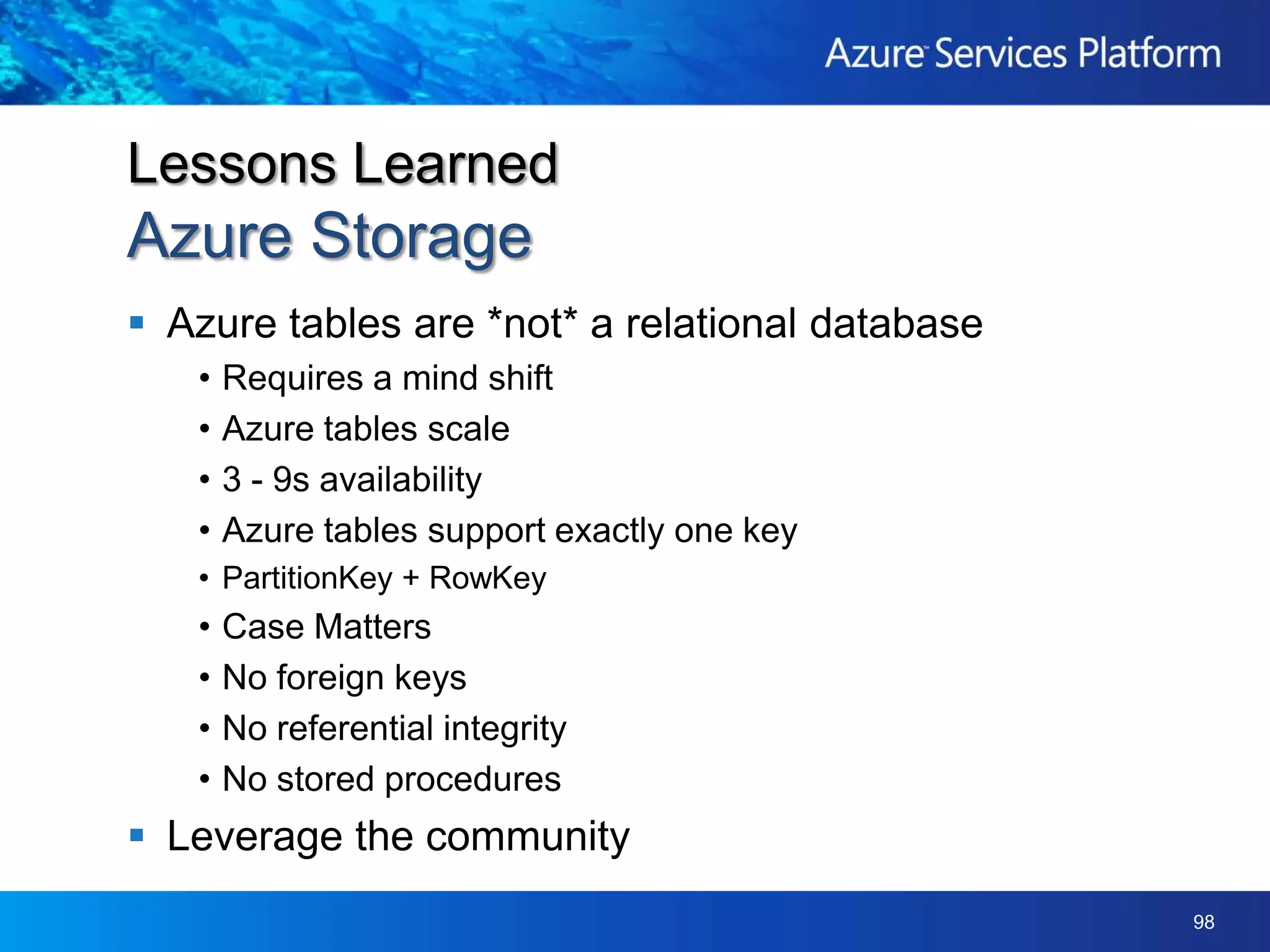 Key Example – Blog PostsPartition 1Partition 2Getting all of dunnry’s blog posts is fastSingle partitionGetting all posts after 2008-03-27 is slowTraverse all partitions