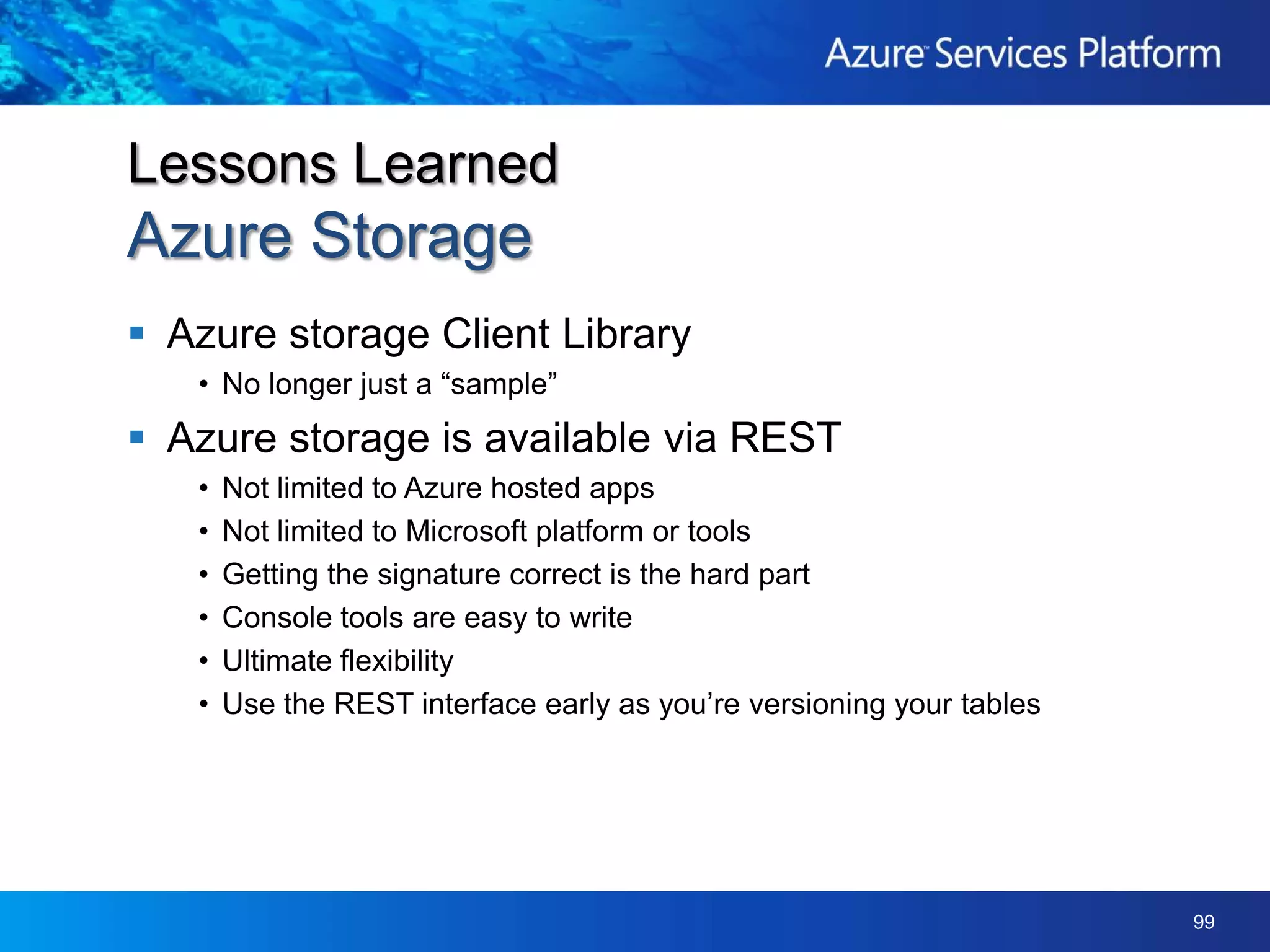 Partition Key – how data is partitionedRow Key – unique in partition, defines sortGoalsKeep partitions small (increased scalability)Specify partition key in common queriesQuery/sort on row keyKeys