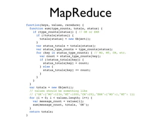 MapReduce
function(keys, values, rereduce) {
  function sum(type_counts, totals, status) {
    if (type_counts[status]) { // OK or ERR
      if (!totals[status]) {
        totals[status] = new Object();
      }
      var status_totals = totals[status];
      var status_type_counts = type_counts[status];
      for (key in status_type_counts) { // MO, MT, CM, etc.
        var count = status_type_counts[key];
        if (!status_totals[key]) {
          status_totals[key] = count;
        } else {
          status_totals[key] += count;
        }
      }
    }
  }
  var totals = new Object();
  // values should be something like
  // {"OK":{"MO":1234,"MT":1000,"CM":20},"ERR":{"MO":1,"MT": 1}}
  for (i = 0; i < values.length; i++) {
    var message_count = values[i];
    sum(message_count, totals, 'OK');
  }
  return totals;
}
 
