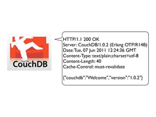 HTTP/1.1 200 OK
Server: CouchDB/1.0.2 (Erlang OTP/R14B)
Date: Tue, 07 Jun 2011 12:24:36 GMT
Content-Type: text/plain;charset=utf-8
Content-Length: 40
Cache-Control: must-revalidate

{"couchdb":"Welcome","version":"1.0.2"}
 
