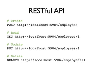 RESTful API
# Create
POST http://localhost:5984/employees

# Read
GET http://localhost:5984/employees/1

# Update
PUT http://localhost:5984/employees/1

# Delete
DELETE http://localhost:5984/employees/1
 