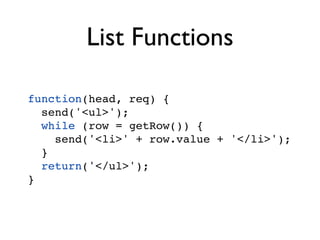 List Functions

function(head, req) {
  send('<ul>');
  while (row = getRow()) {
    send('<li>' + row.value + '</li>');
  }
  return('</ul>');
}
 