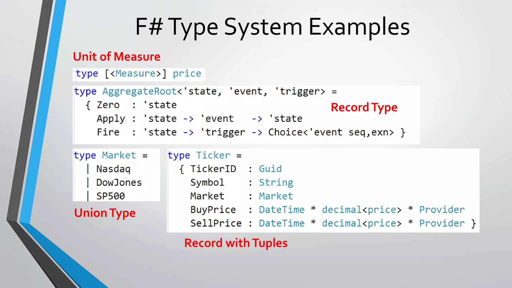F#Type System Examples
• Comparison
Unit of Measure
RecordType
UnionType
Record withTuples
 
