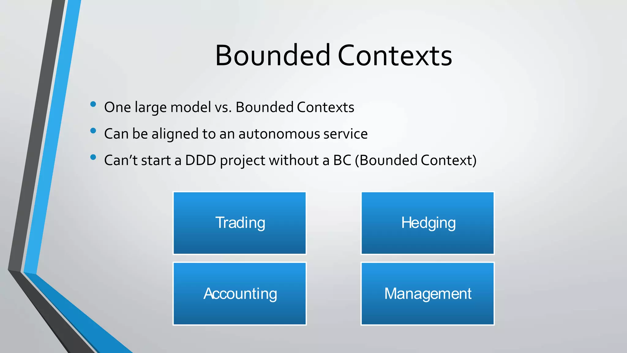 Bounded Contexts
• One large model vs. Bounded Contexts
• Can be aligned to an autonomous service
• Can’t start a DDD project without a BC (Bounded Context)
Trading Hedging
Accounting Management
 