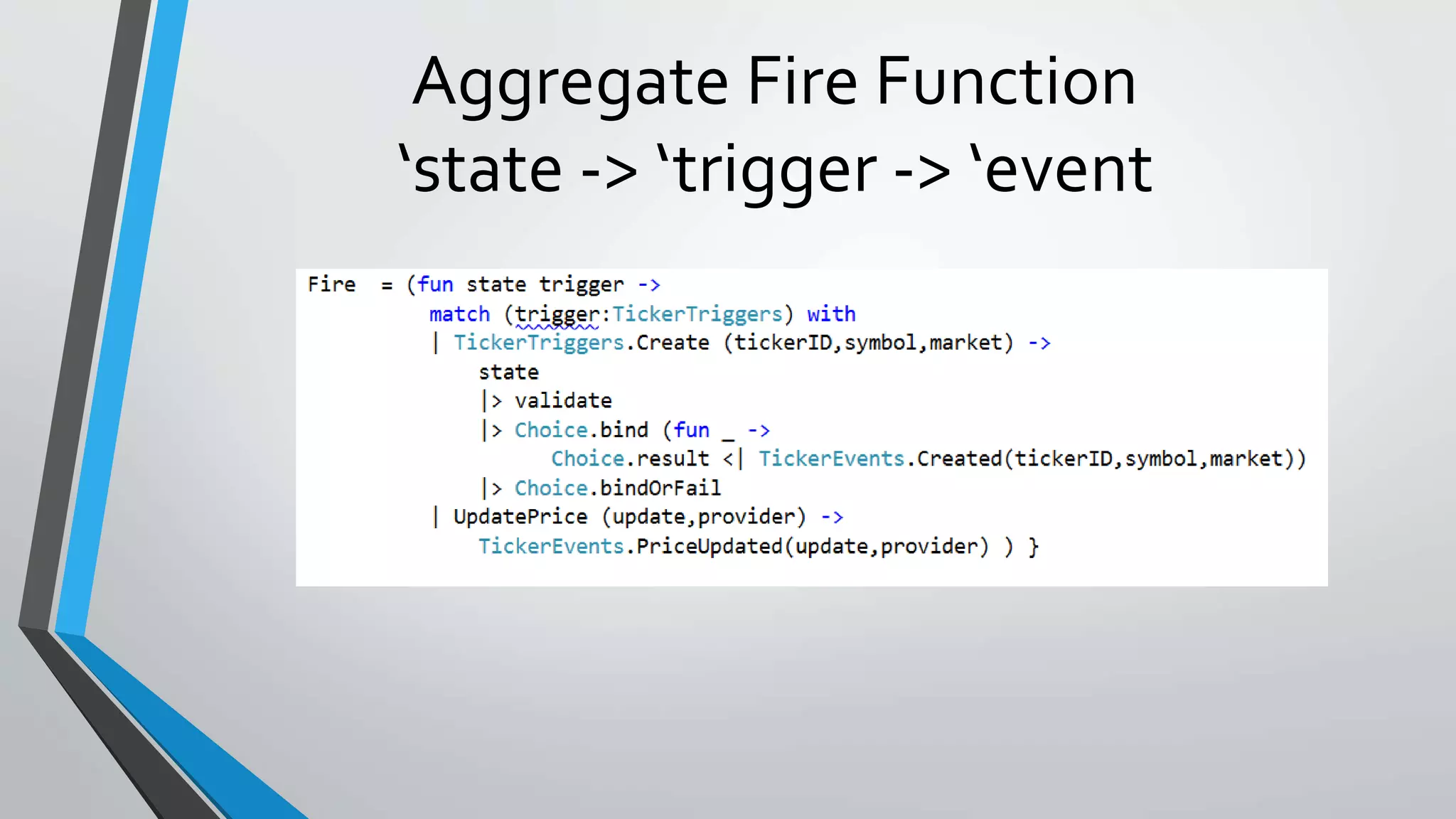 Aggregate Fire Function
‘state -> ‘trigger -> ‘event
 