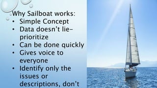 Why Sailboat works:
• Simple Concept
• Data doesn’t lie-
prioritize
• Can be done quickly
• Gives voice to
everyone
• Identify only the
issues or
descriptions, don’t
 