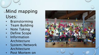 Mind mapping
Uses:
• Brainstorming
• Team Building
• Note Taking
• Define Scope
• Information
Architecture
• System/Network
Architecture
• Post Mortem on
 