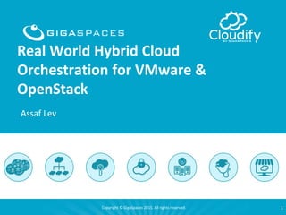 Copyright © GigaSpaces 2015. All rights reserved.Copyright © GigaSpaces 2014. All rights reserved.Copyright © GigaSpaces 2015. All rights reserved.
Real World Hybrid Cloud
Orchestration for VMware &
OpenStack
1
Assaf Lev
 