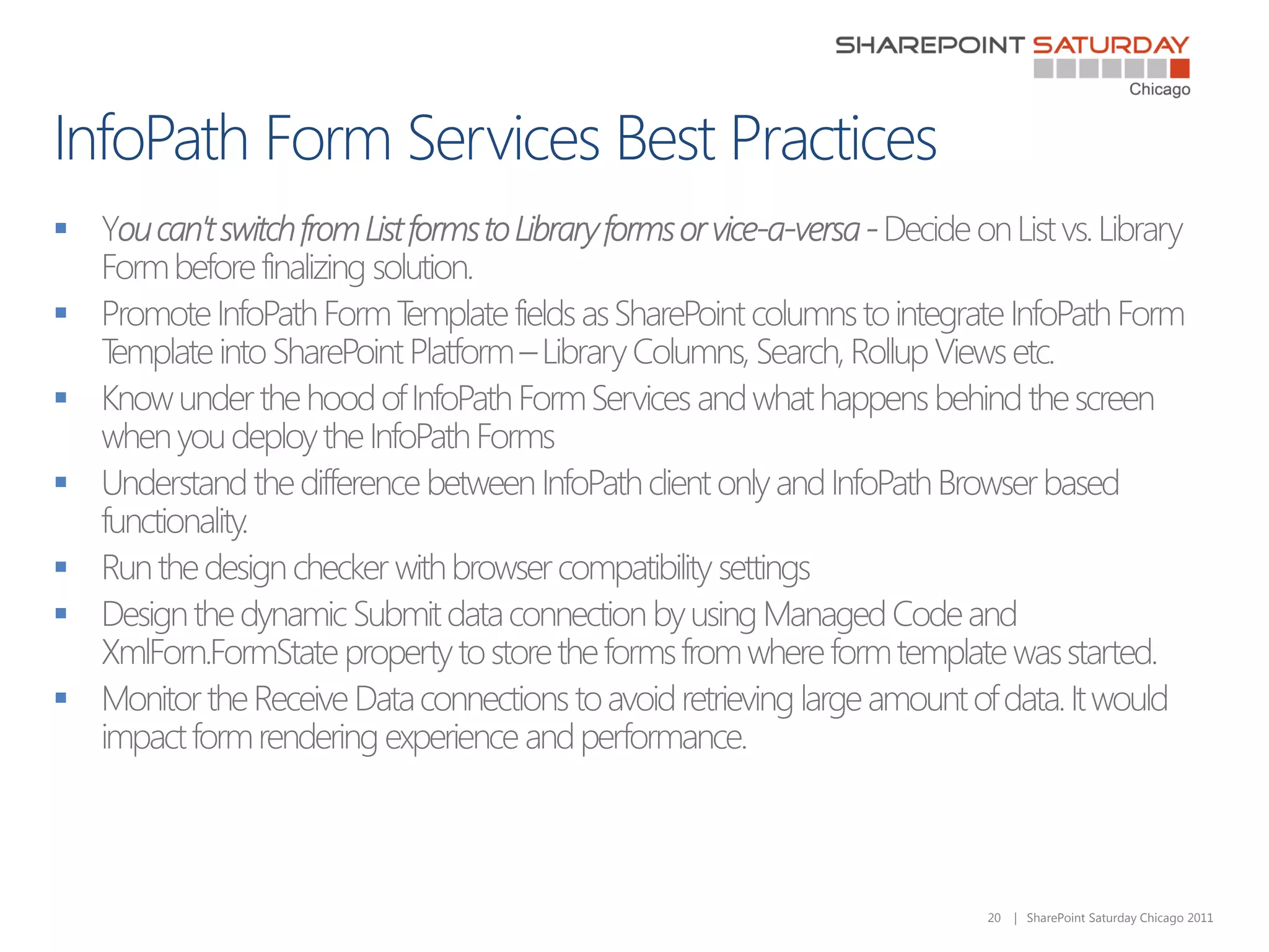 















    20   | SharePoint Saturday Chicago 2011
 