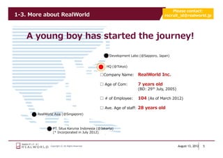 Please contact:
1-3. More about RealWorld                                                             recruit_id@realworld.jp




    A young boy has started the journey!

                                                       Development Labo (@Sapporo, Japan)


                                                      HQ (@Tokyo)

                                                   □Company Name:      RealWorld Inc.

                                                   □ Age of Com:       7 years old
                                                                       (BD: 29 th July, 2005)

                                                   □ # of Employee:    104 (As of March 2012)

                                                   □ Ave. Age of staff: 28 years old
       RealWorld Asia (@Singapore)



                PT. Situs Karunia Indonesia (@Jakarta)
                (* Incorporated in July 2012)



              Copyright (C) All Rights Reserved.                                                August 13, 2012   5
 