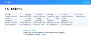 Theming
CSS Utilities
<div text-center>
Lorem ipsum dolor sit amet, consectetur adipiscing elit.
Sed ac vehicula lorem. </div>
 
