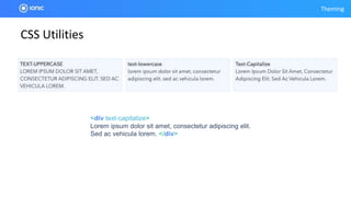 Theming
CSS Utilities
<div text-capitalize>
Lorem ipsum dolor sit amet, consectetur adipiscing elit.
Sed ac vehicula lorem. </div>
 