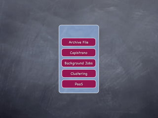 Archive File

  Capistrano

Background Jobs

   Clustering

     PaaS
 