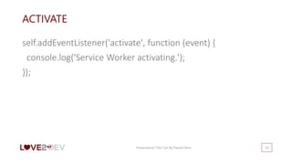 ACTIVATE
self.addEventListener('activate', function (event) {
console.log('Service Worker activating.');
});
Presentation Title Can Be Placed Here 14
 