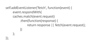 self.addEventListener('fetch', function(event) {
event.respondWith(
caches.match(event.request)
.then(function(response) {
return response || fetch(event.request);
})
);
});
 