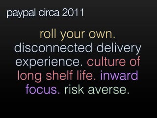 paypal circa 2011
roll your own.
disconnected delivery
experience. culture of
long shelf life. inward
focus. risk averse.
 