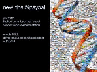 new dna @paypal
jan 2012
ﬂeshed out ui layer that could
support rapid experimentation
march 2012
david Marcus becomes president
of PayPal
 
