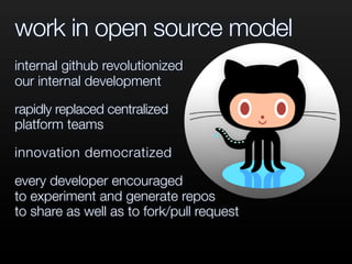 work in open source model
internal github revolutionized
our internal development
rapidly replaced centralized
platform teams
innovation democratized
every developer encouraged
to experiment and generate repos
to share as well as to fork/pull request
 