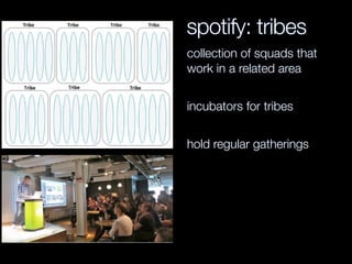 spotify: tribes
collection of squads that
work in a related area
incubators for tribes
hold regular gatherings
 