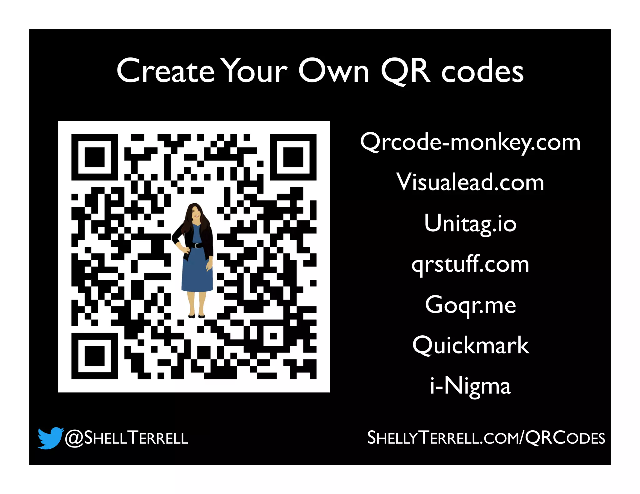 Qrcode-monkey.com
Visualead.com
Unitag.io
qrstuff.com
Goqr.me
Quickmark
i-Nigma
CreateYour Own QR codes
SHELLYTERRELL.COM/QRCODES@SHELLTERRELL
 