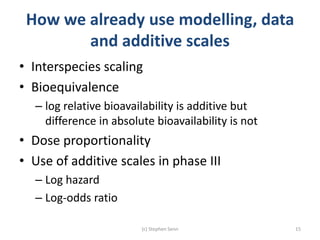How we already use modelling, data
and additive scales
• Interspecies scaling
• Bioequivalence
– log relative bioavailability is additive but
difference in absolute bioavailability is not
• Dose proportionality
• Use of additive scales in phase III
– Log hazard
– Log-odds ratio
(c) Stephen Senn 15
 