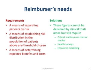 Reimburser’s needs
Requirements
• A means of separating
patients by risk
• A means of establishing risk
distribution in the
population of patients
above any threshold chosen
• A means of determining
expected benefits and costs
Solutions
• These figures cannot be
delivered by clinical trials
alone but will require
– Cohort studies/case control
studies
– Health surveys
– Economic modelling
(c) Stephen Senn 27
 
