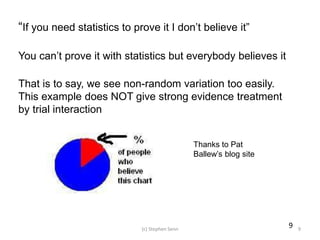 9
“If you need statistics to prove it I don’t believe it”
You can’t prove it with statistics but everybody believes it
Thanks to Pat
Ballew’s blog site
(c) Stephen Senn 9
That is to say, we see non-random variation too easily.
This example does NOT give strong evidence treatment
by trial interaction
 