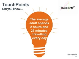 TouchPoints
Did you know…

The average
adult spends
2 hours and
23 minutes
travelling
every day

 