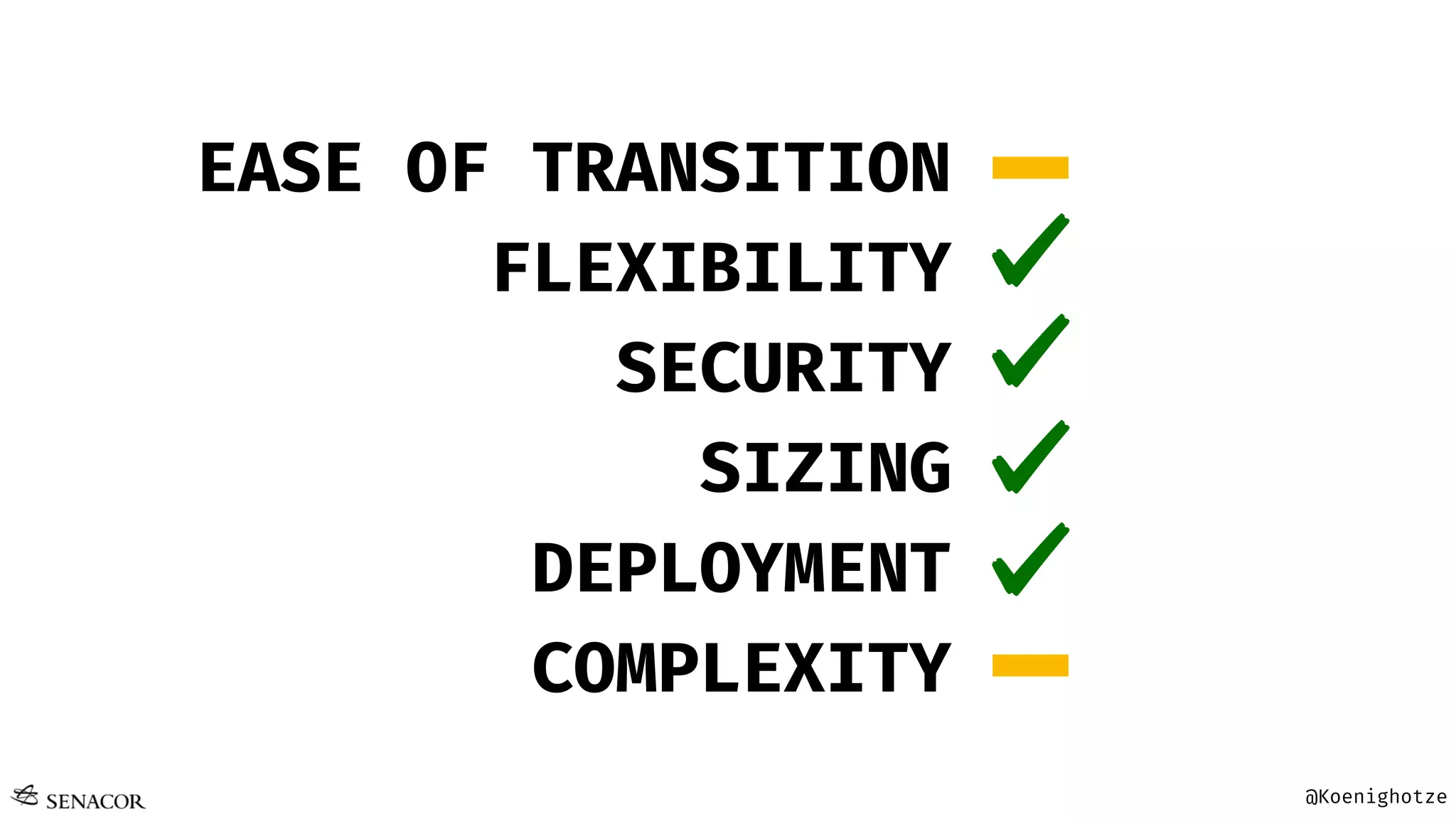 @Koenighotze
EASE OF TRANSITION
FLEXIBILITY
SECURITY
SIZING
DEPLOYMENT
COMPLEXITY
 