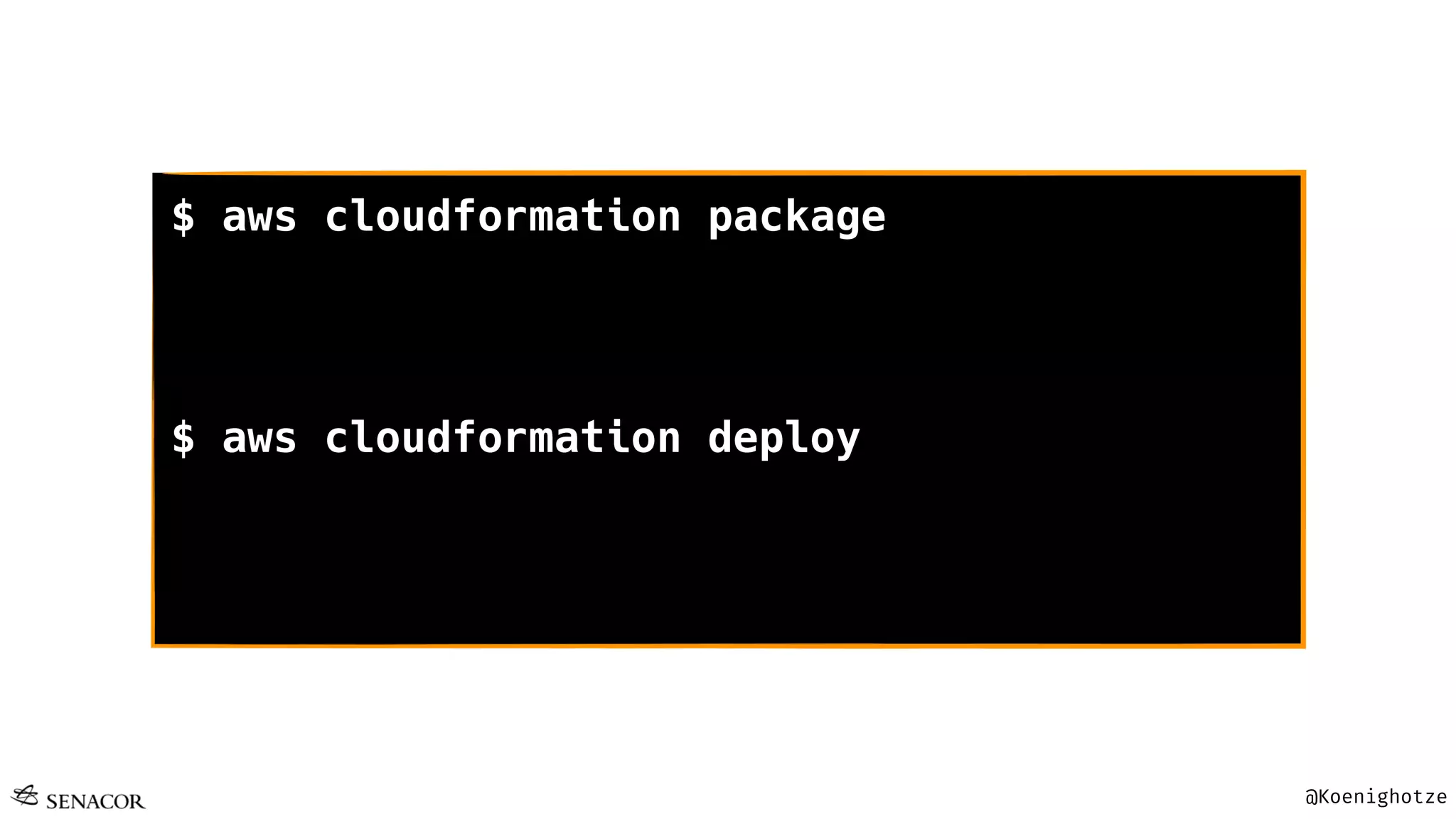 @Koenighotze
$ aws cloudformation package 
--template-file sam.yaml 
--s3-bucket somebucket 
> build/packaged.yaml
$ aws cloudformation deploy 
--template-file build/packaged.yaml 
--stack-name voxxed-demo 
--capabilities CAPABILITY_NAMED_IAM
 