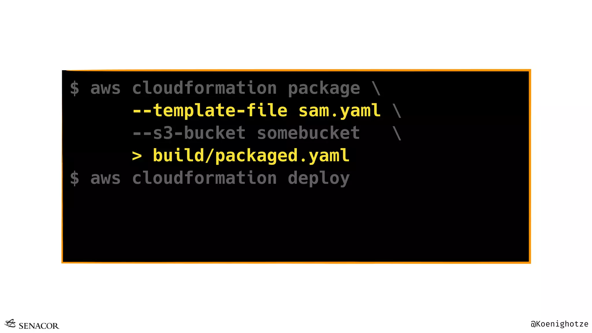 @Koenighotze
$ aws cloudformation package 
--template-file sam.yaml 
--s3-bucket somebucket 
> build/packaged.yaml
$ aws cloudformation deploy 
--template-file build/packaged.yaml 
--stack-name voxxed-demo 
--capabilities CAPABILITY_NAMED_IAM
 