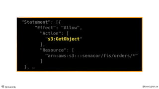 @Koenighotze
"Statement": [{
"Effect": "Allow",
"Action": [
"s3:GetObject"
],
"Resource": [
“arn:aws:s3:::senacor/fis/orders/*”
]
}, …
 
