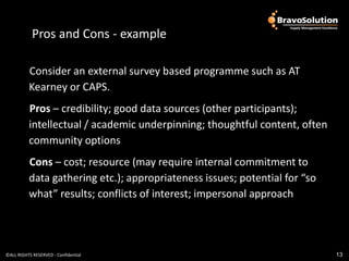 Pros and Cons - example
            Pros and Cons - example

          Consider an external survey based programme such as AT
          Kearney or CAPS.
          Pros – credibility; good data sources (other participants);
          intellectual / academic underpinning; thoughtful content, often
          community options
          Cons – cost; resource (may require internal commitment to
          data gathering etc.); appropriateness issues; potential for “so
          what” results; conflicts of interest; impersonal approach




©ALL RIGHTS RESERVED - Confidential                                         13
 