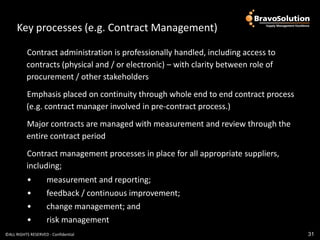 Key processes (e.g. Contract
     Key processes (e.g. Contract Management)

          Contract administration is professionally handled, including access to
          contracts (physical and / or electronic) – with clarity between role of
          procurement / other stakeholders
          Emphasis placed on continuity through whole end to end contract process
          (e.g. contract manager involved in pre-contract process.)
          Major contracts are managed with measurement and review through the
          entire contract period
          Contract management processes in place for all appropriate suppliers,
          including;
           •        measurement and reporting;
           •        feedback / continuous improvement;
           •        change management; and
           •        risk management
©ALL RIGHTS RESERVED - Confidential                                                 31
 
